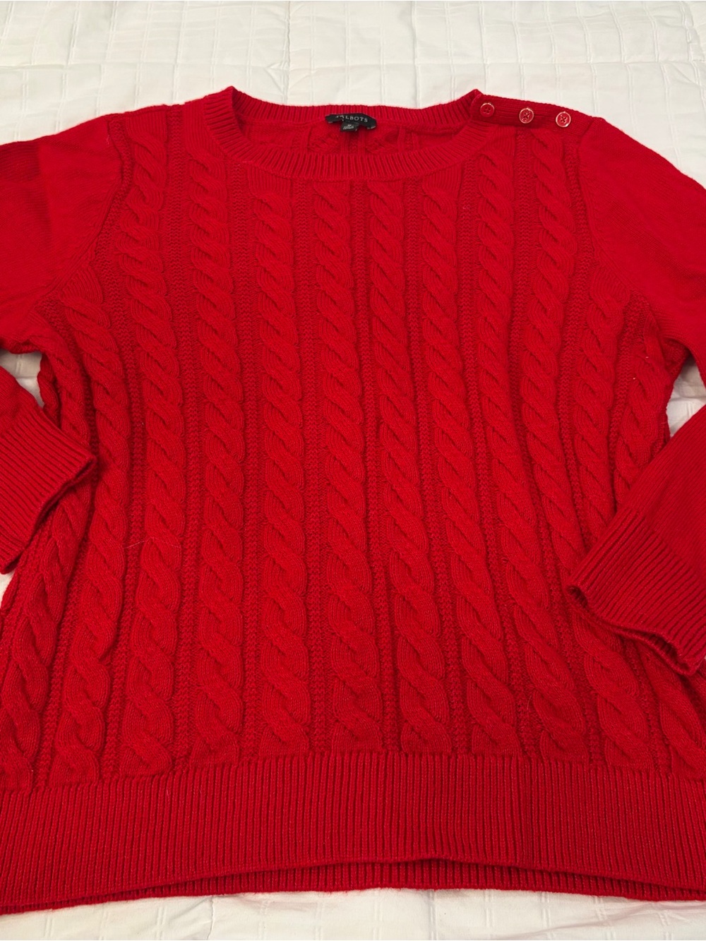 Talbots Red Cable-Knit Crewneck Sweater with Shoulder Buttons